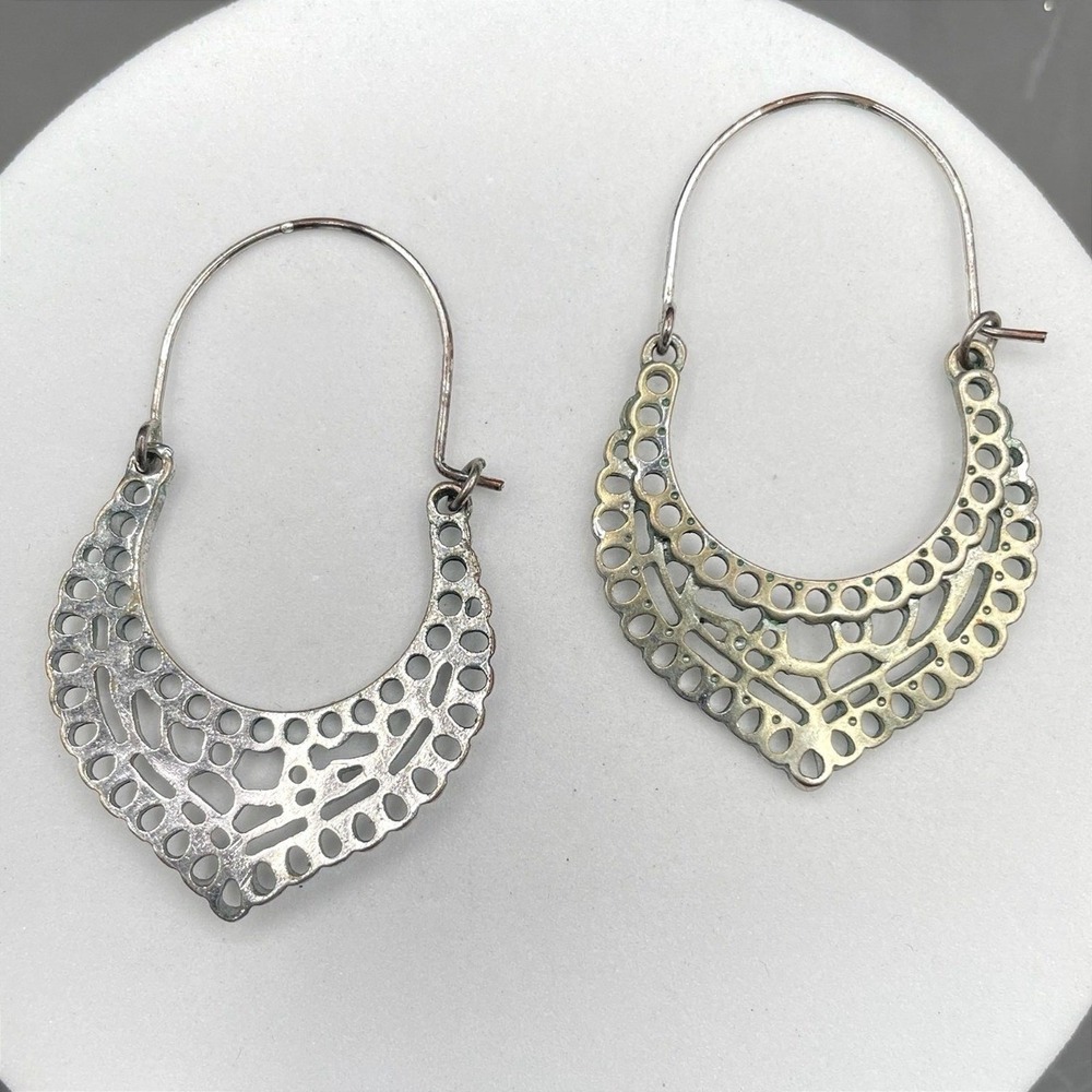 Vintage Silver Tone Filigree Crescent Hoop Earrings Boho Cutout Style Statement